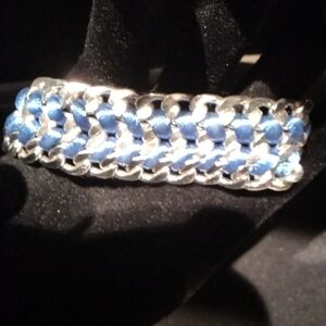 Blue Braided Ribbon and Silver Chain Women's Bracelet